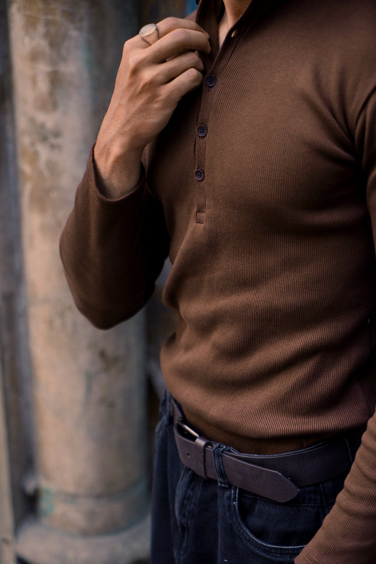 Silsila Premium Ribbed Henley Brown