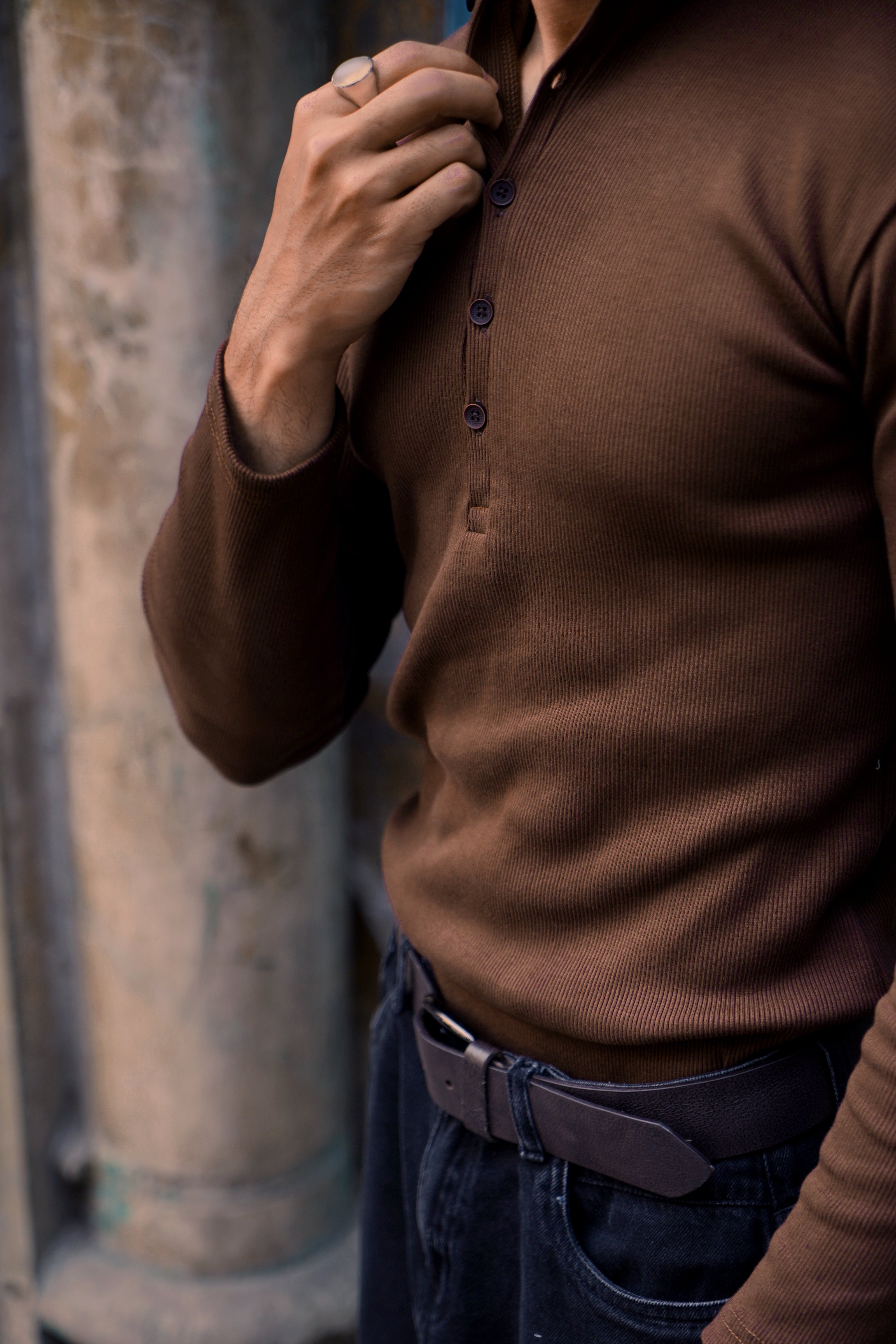 Silsila Premium Ribbed Henley Brown