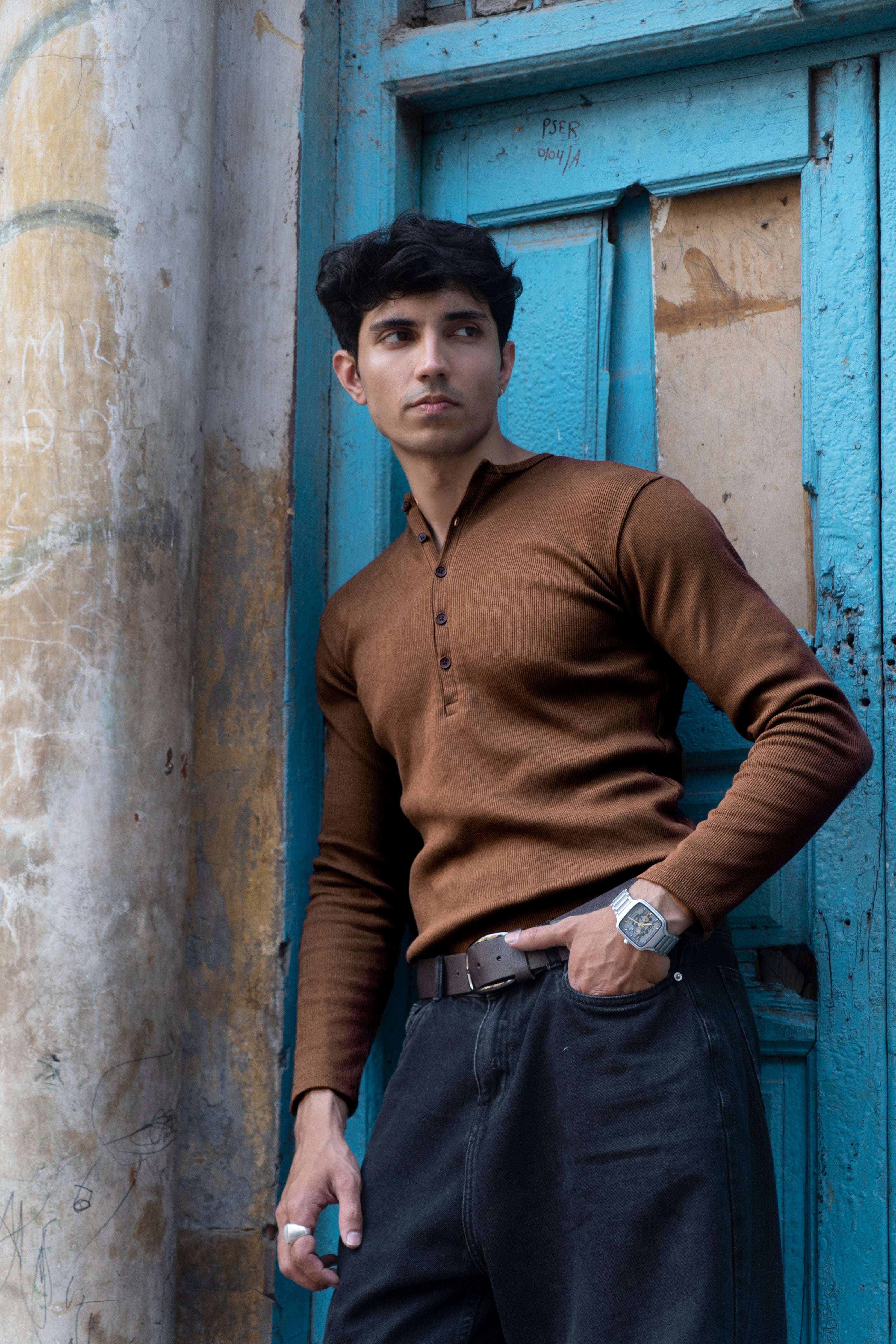 Silsila Premium Ribbed Henley Brown