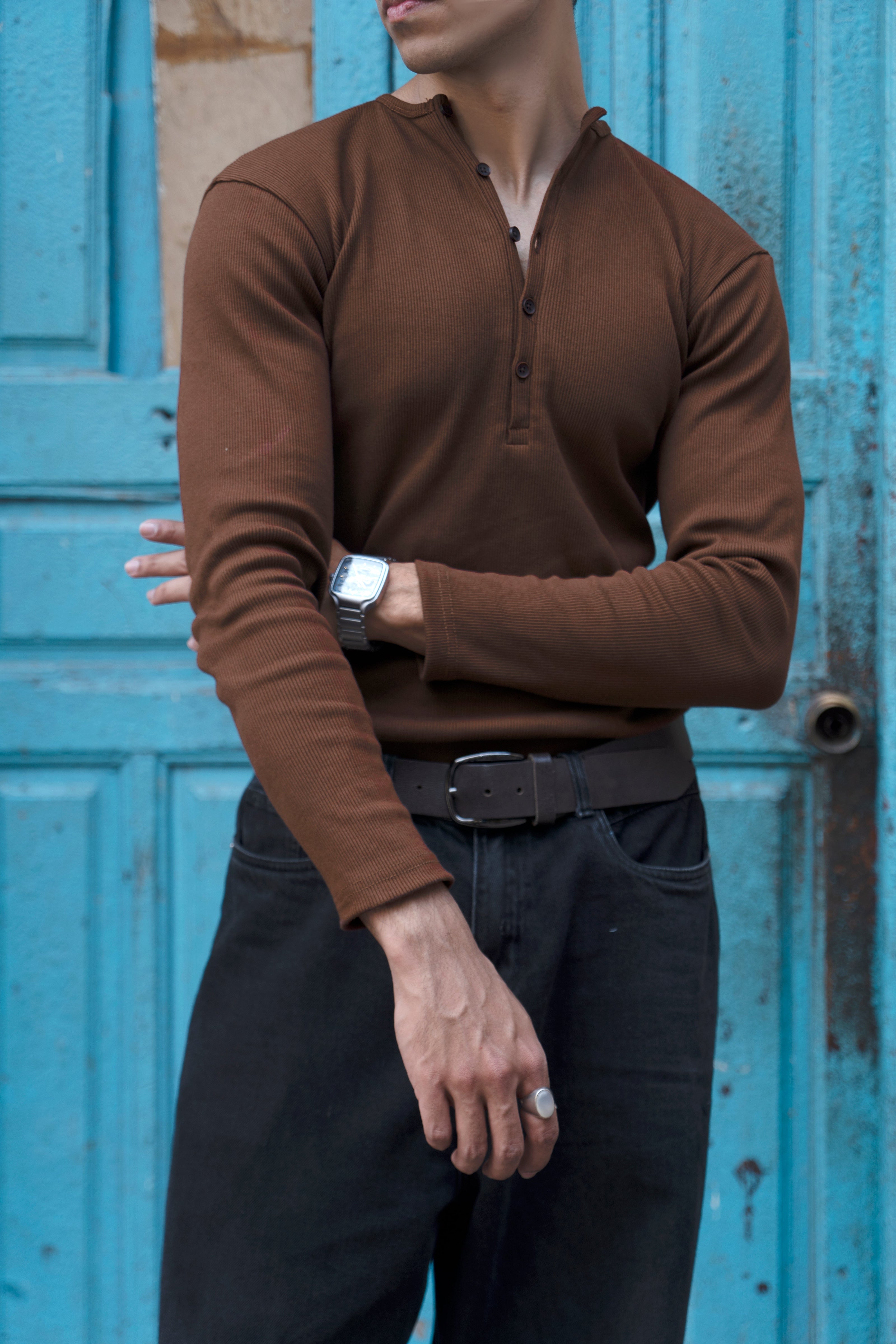 Silsila Premium Ribbed Henley Brown