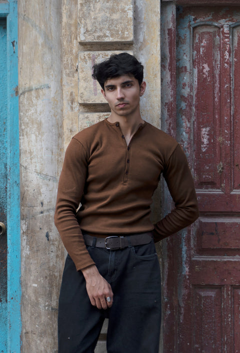 Silsila Premium Ribbed Henley Brown