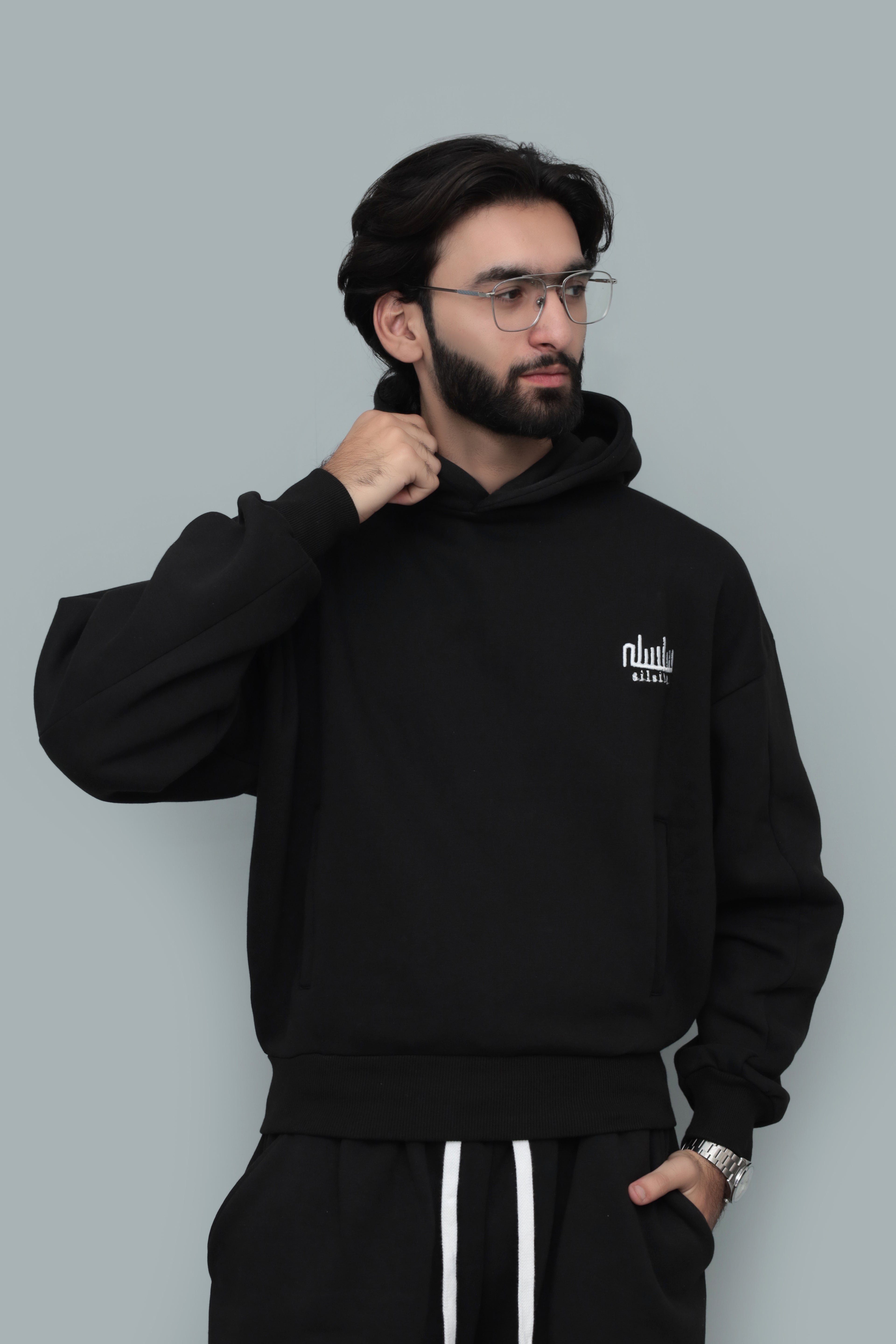 Black Oversized Drop-Shoulder Cropped Hoodie