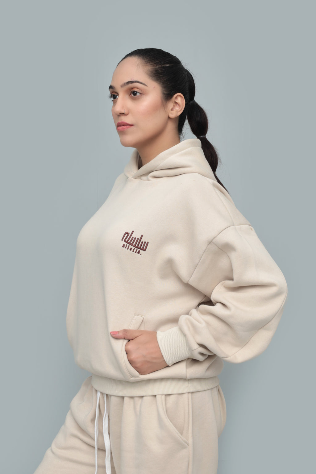 Beige Oversized Drop-Shoulder Cropped Hoodie