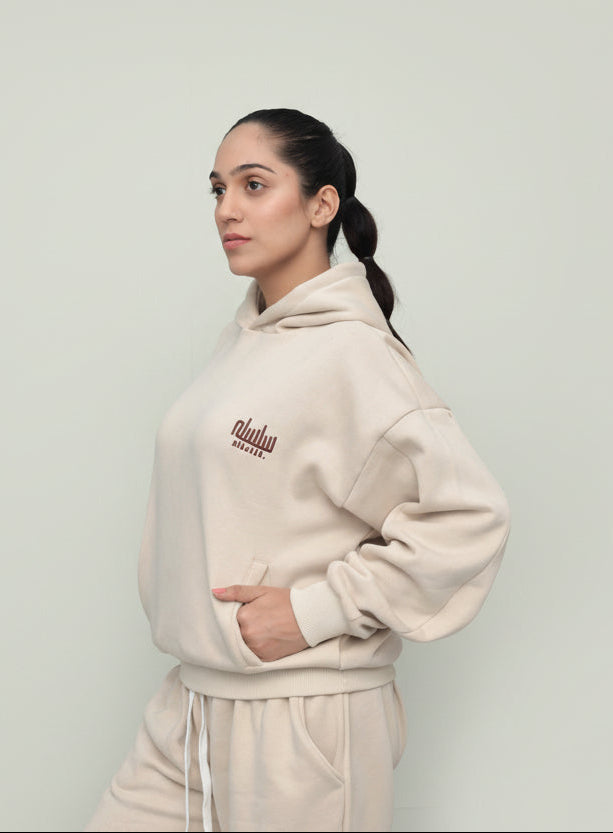 Beige Oversized Drop-Shoulder Cropped Hoodie