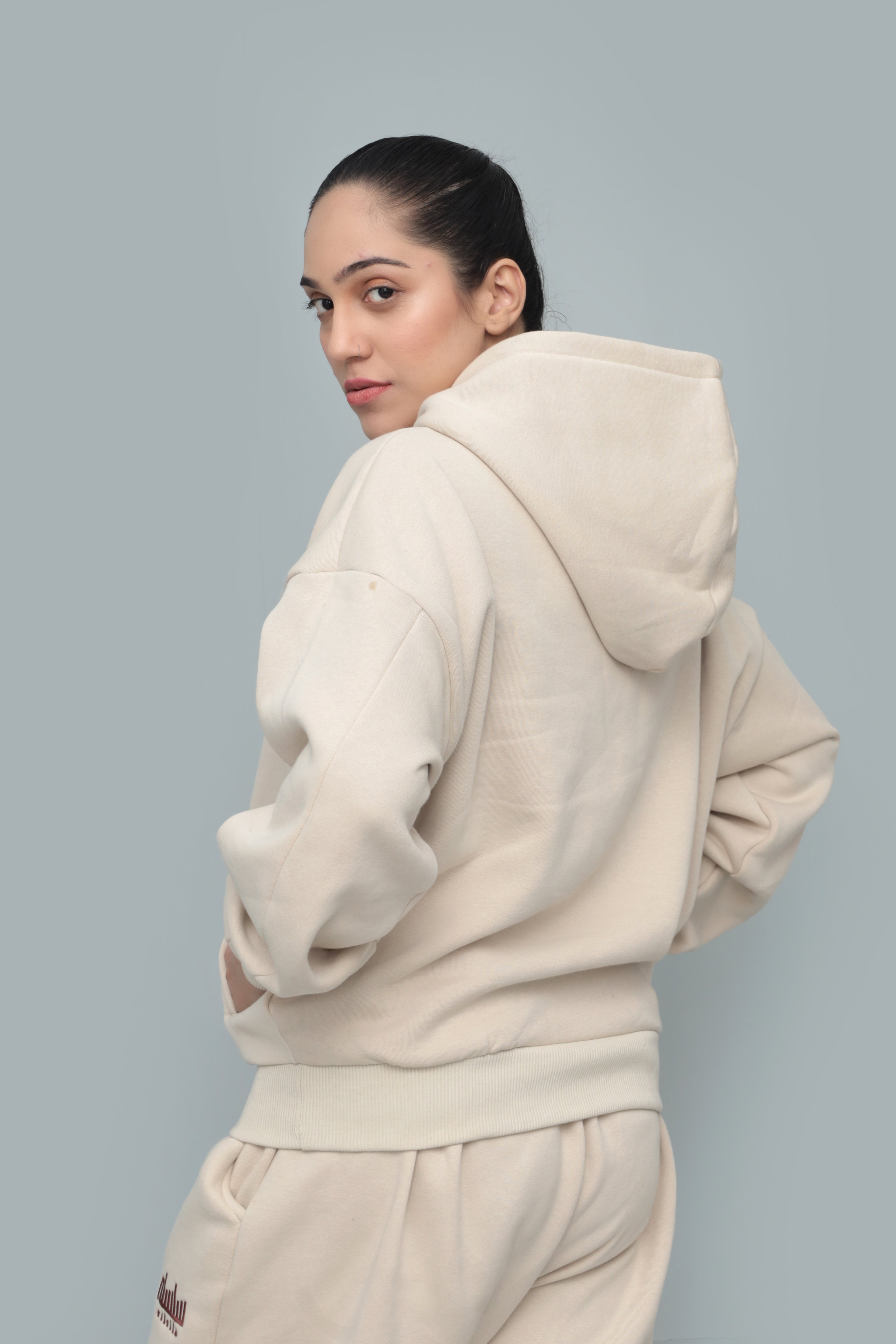 Beige Oversized Drop-Shoulder Cropped Hoodie
