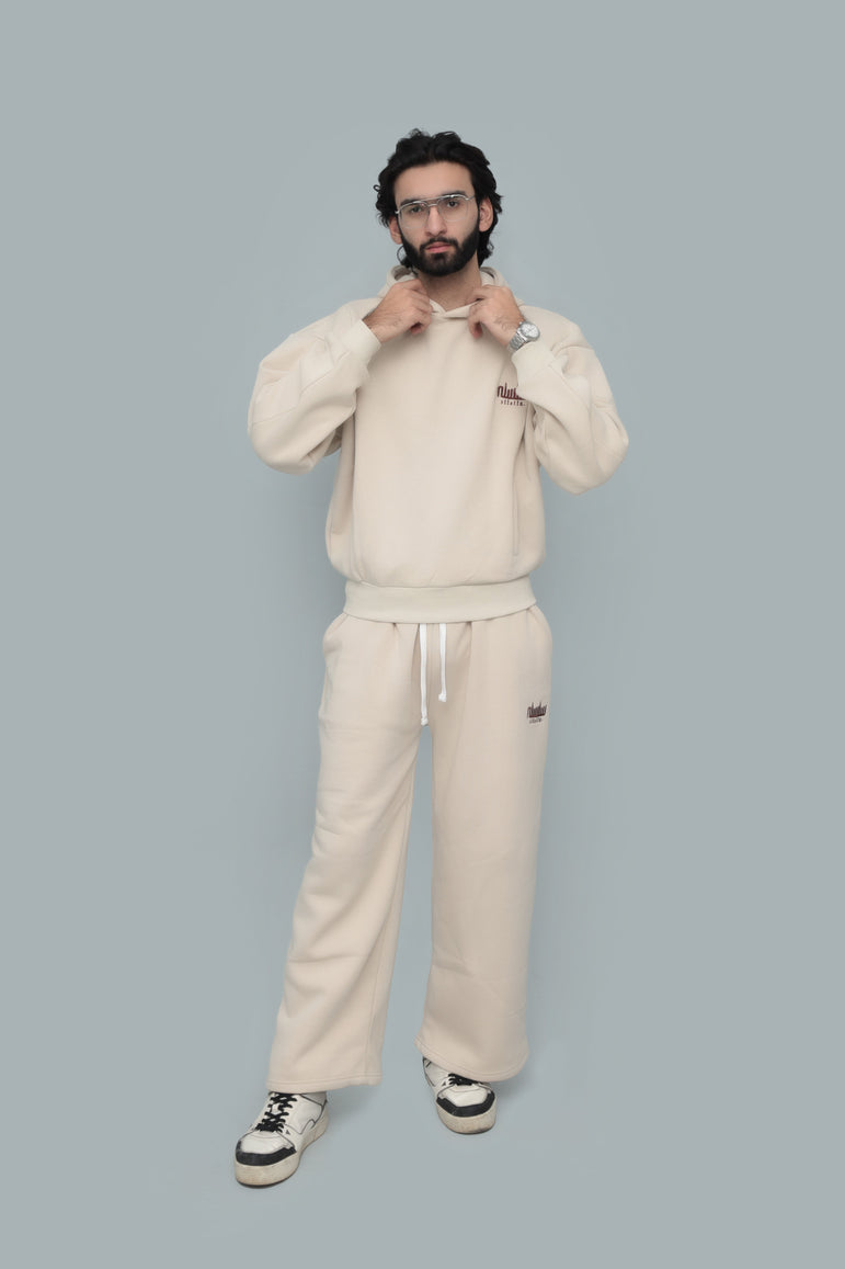 Beige Oversized Drop-Shoulder Cropped Hoodie