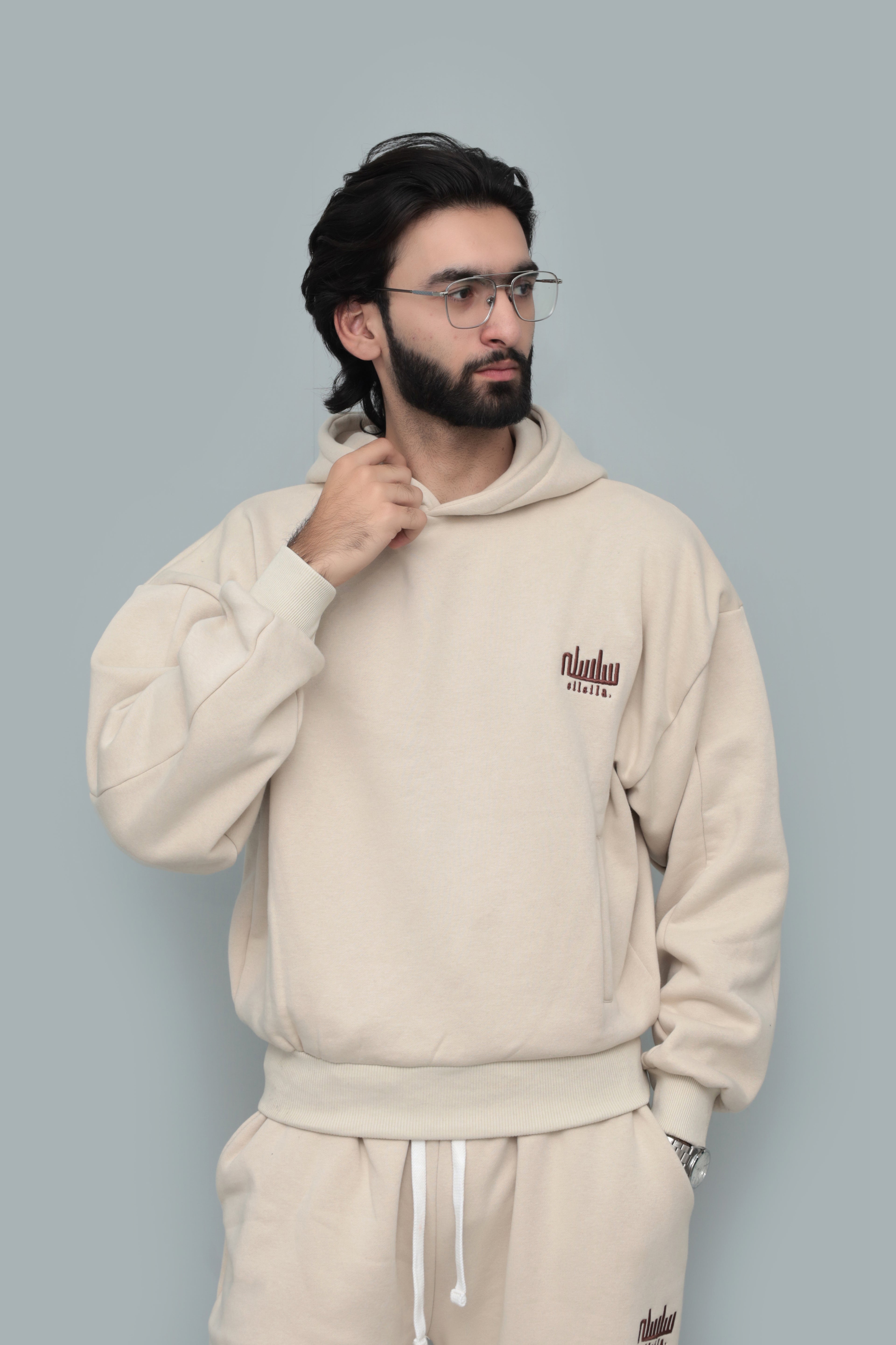 Beige Oversized Drop-Shoulder Cropped Hoodie