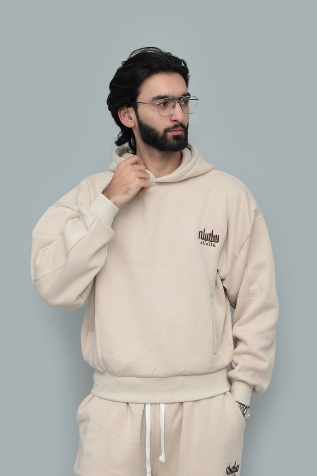 Beige Oversized Drop-Shoulder Cropped Hoodie