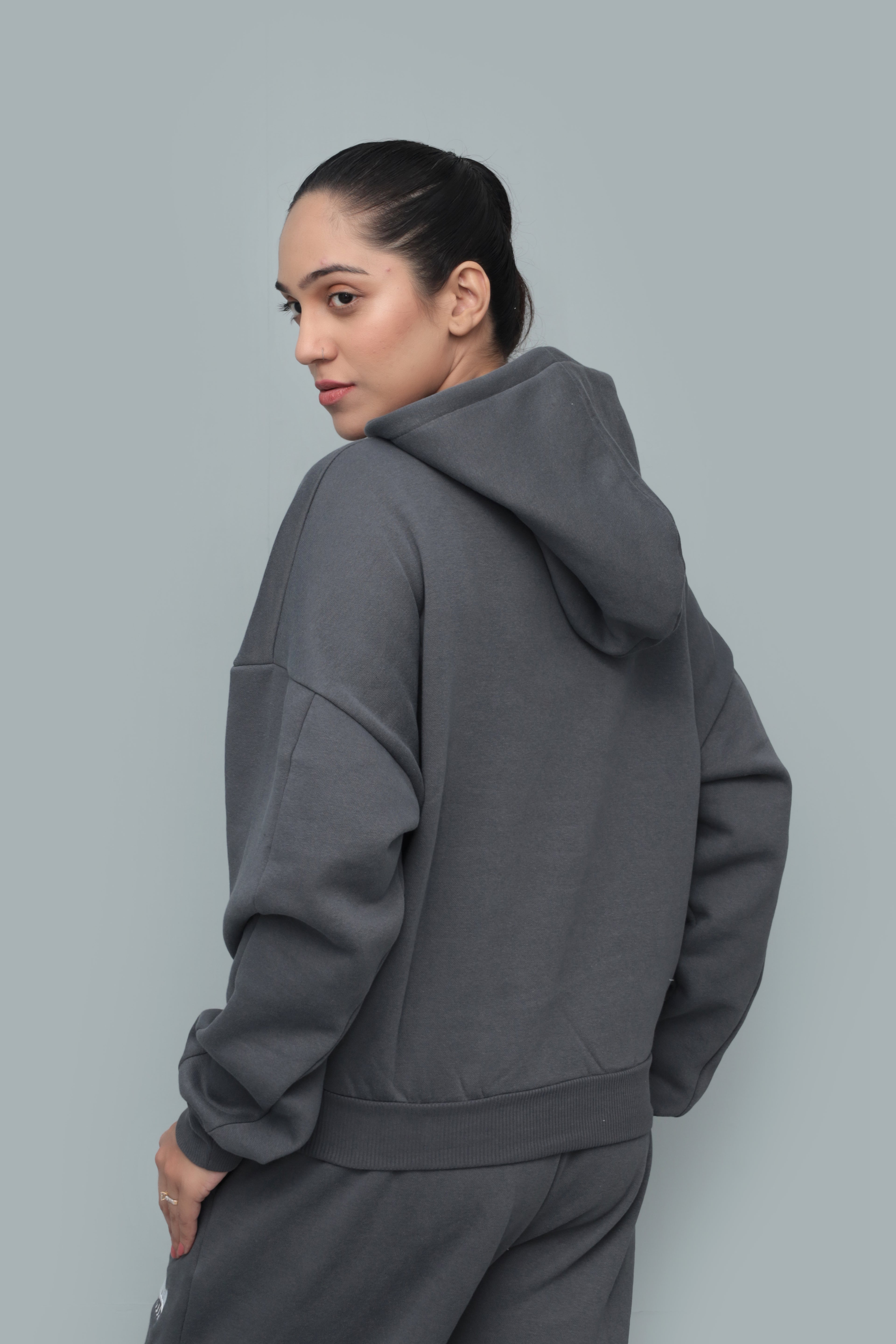 Grey Oversized Drop-Shoulder Cropped Hoodie